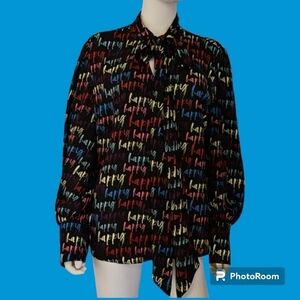 NEW YORK & COMPANY Black Happy Print Bow Tie Long Sleeve Blouse
